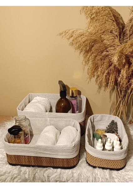 3'lü Bambu Içi Bezli Kutu / Organizer / Düzenleyici