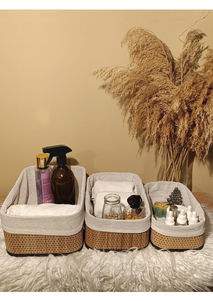 3'lü Bambu Içi Bezli Kutu / Organizer / Düzenleyici