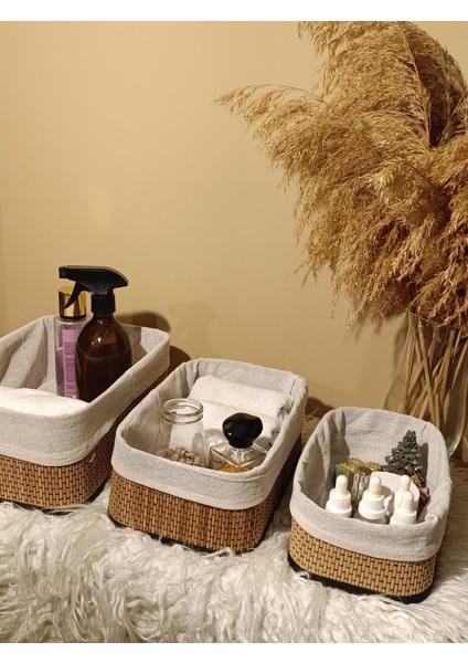 3'lü Bambu Içi Bezli Kutu / Organizer / Düzenleyici