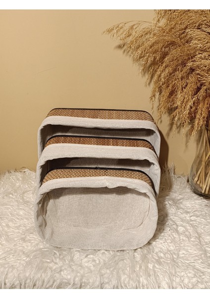 3'lü Bambu Içi Bezli Kutu / Organizer / Düzenleyici