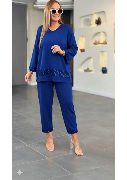 Kadın Uzun Kollu V Yakalı Pulpayet Viskon Iki Iplik Bluz ve Pantolon Takım fırsatları