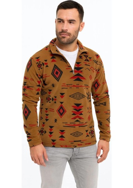 Erkek Yarım Fermuarlı Desenli Polar Sweat Tribal Etnik Desen Yakalı, Uzun Kollu, Oversize Rahat Kalıp, - Kahverengi