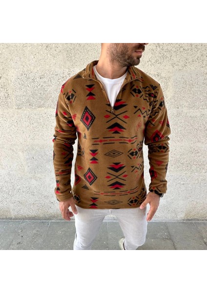 Erkek Yarım Fermuarlı Desenli Polar Sweat Tribal Etnik Desen Yakalı, Uzun Kollu, Oversize Rahat Kalıp, - Kahverengi modelleri