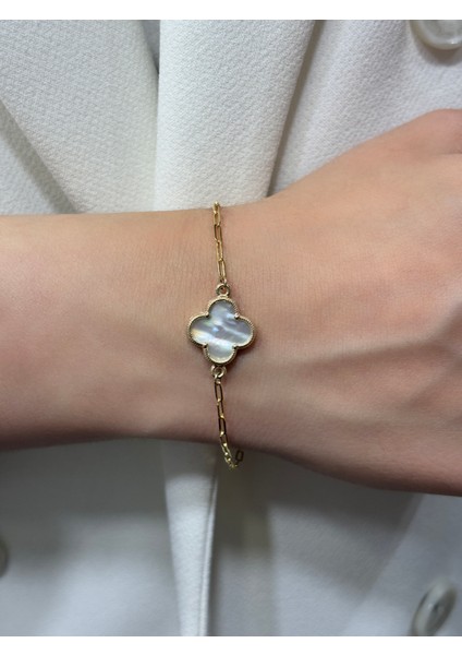 14 Ayar Altın Beyaz Sedefli Yonca Ataç Bileklik modelleri