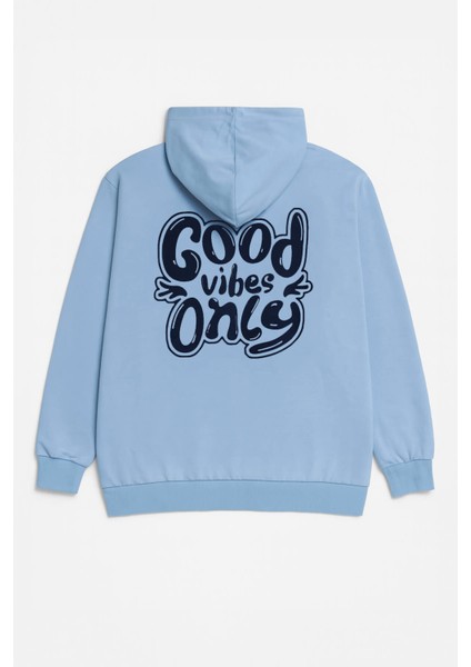 Kadın Kapüşonlu Cepli Yazı Baskılı Mavi Sweatshirt modelleri