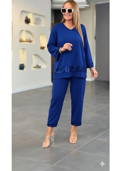 Kadın Uzun Kollu V Yakalı Pulpayet Viskon Iki Iplik Bluz ve Pantolon Takım