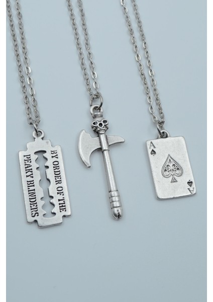 3'lü Kuru Kafa Balta Peaky Blinders Jilet As Kağıt Gümüş Kaplama Kolye Seti