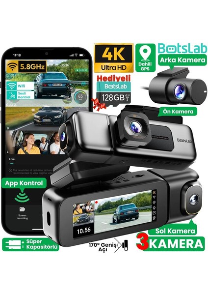 360+ Botslab G980H Pro 4K 3 Kameralı Wifi+Gps Akıllı Araç Içi Kamera +170° Geniş Açı+Süper Kapasitör+Sesli Kontrol+Gece Görüşlü (128GB Hafıza Kartı Hediyeli)