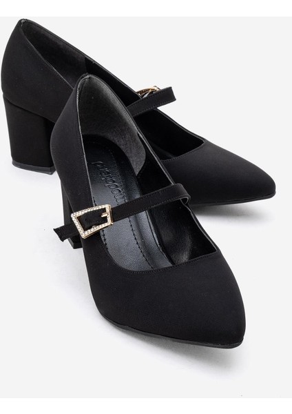 Kadın Tokalı Biyeli Topuklu Ayakkabı; Siyah Zra