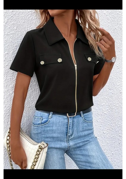 Kadın Kısa Kollu Ceket Yaka Önü Fermuarlı Cep Detay Kısa Kol Ithal Krep Bluz fırsatları