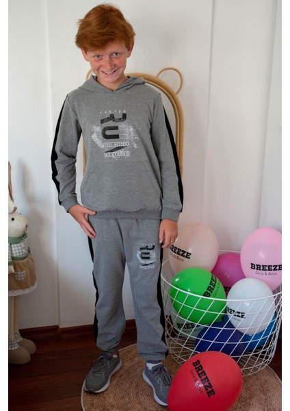 Erkek Çocuk Eşofman Takım Kapüşonlu Başarı Temalı Yazı Baskılı 6-12 Yaş, Koyu Gri Melanj