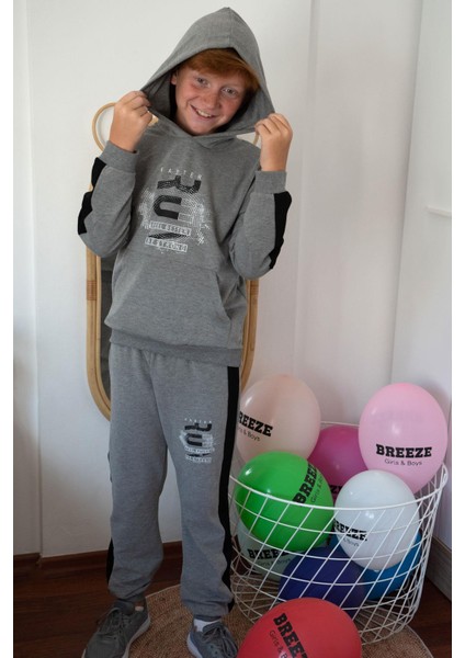 Erkek Çocuk Eşofman Takım Kapüşonlu Başarı Temalı Yazı Baskılı 6-12 Yaş, Koyu Gri Melanj