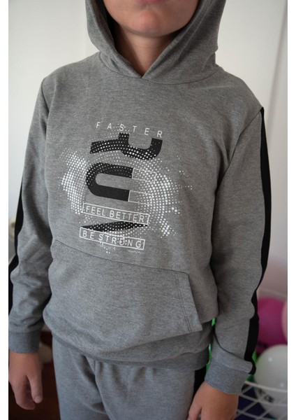 Erkek Çocuk Eşofman Takım Kapüşonlu Başarı Temalı Yazı Baskılı 6-12 Yaş, Koyu Gri Melanj