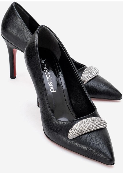 Taşlı Kadın Stiletto Ayakkabı Siyah Cilt