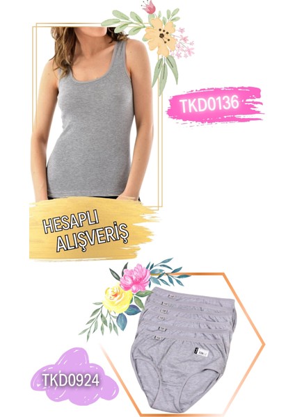 Kadın Ribana Geniş Askılı Atlet ve Bato Külot Takım 6'lı Set (12 Parça) TKD0136 - TKD0924