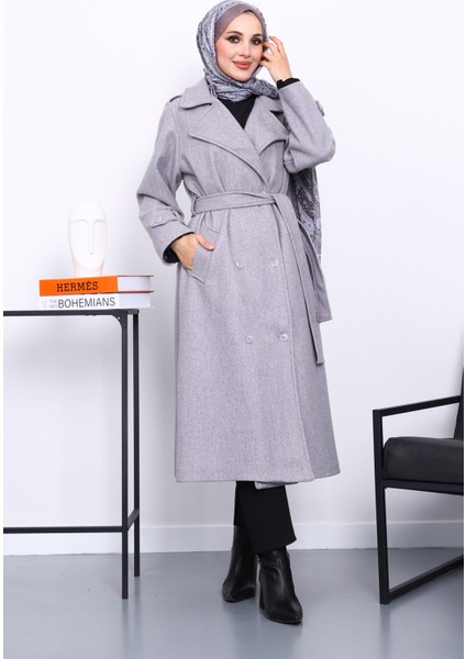 Gri Kruvaze Yaka Kuşaklı Kaşe Kaban