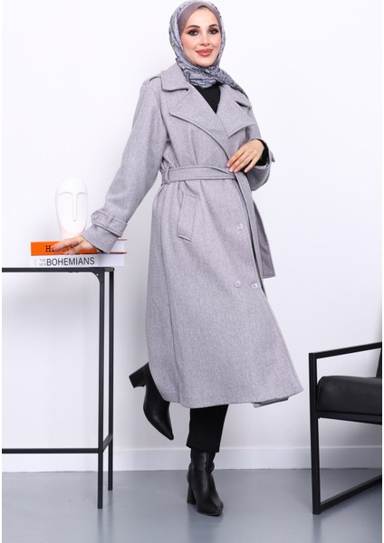 Gri Kruvaze Yaka Kuşaklı Kaşe Kaban fiyatları