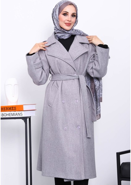 Gri Kruvaze Yaka Kuşaklı Kaşe Kaban modelleri