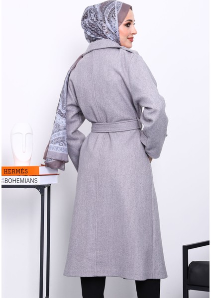 Gri Kruvaze Yaka Kuşaklı Kaşe Kaban fırsatları