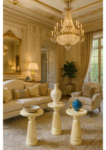 Krem Renk 3’lü Ahşap Mantar Sehpa Seti – Zarif Zigon ve Fiskos Modeli