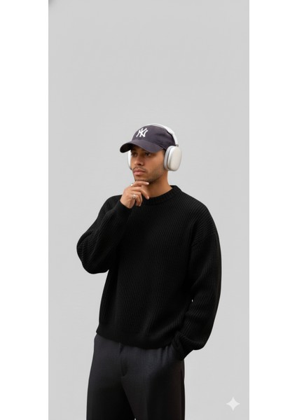 Erkek-Selanik Örgü-Oversıze-Bisiklet Yaka-Kazak