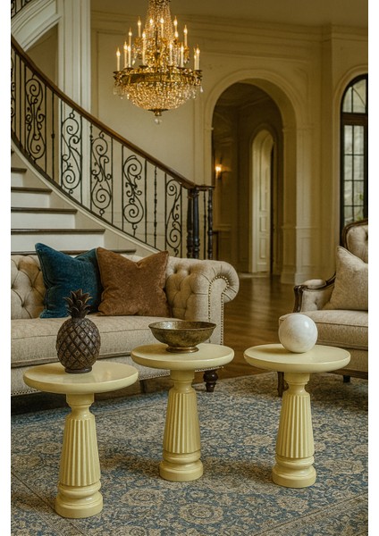 Krem Renk 3’lü Ahşap Mantar Sehpa Seti – Zarif Zigon ve Fiskos Modeli modelleri