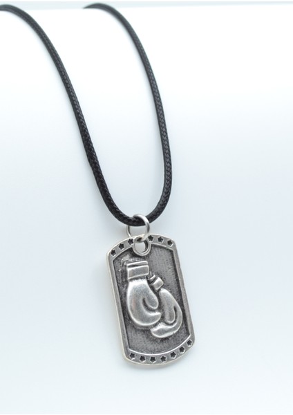 Boks Eldiveni Künye Gümüş Kaplama Deri İp Kolye
