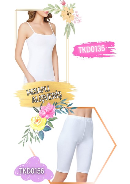 Kadın Ribana Ip Askılı Atlet ve Diz Boy Kısa Tayt Takım 6'lı Set (12 Parça) TKD0135 - TKD0156