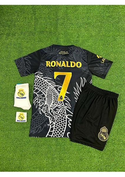Real Madrid Cristiano Ronaldo Dragon Desenli Konsept Çocuk Forması (Black - Armalı)