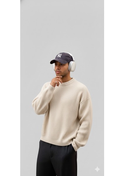 Erkek-Selanik Örgü-Oversıze-Bisiklet Yaka-Kazak