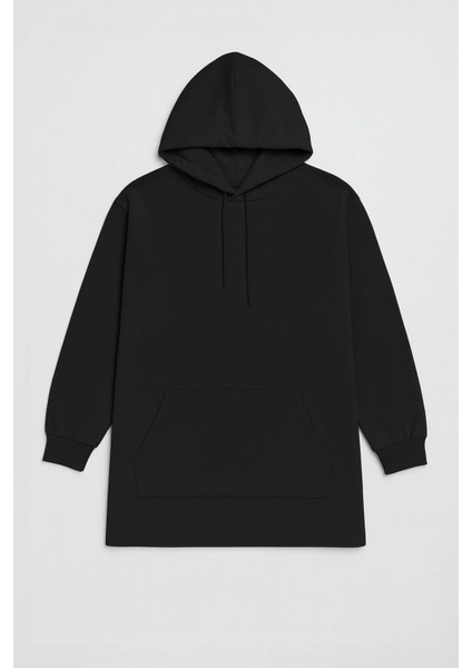Kadın Kapüşonlu Cepli Siyah Tunik Sweatshirt