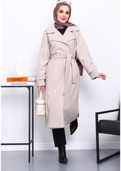 Taş Kruvaze Yaka Kuşaklı Kaşe Kaban fiyatları