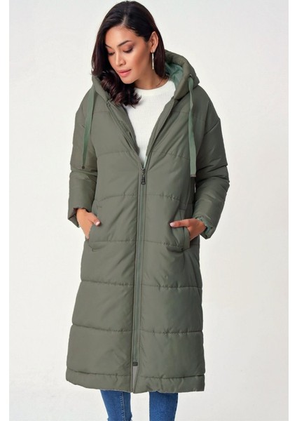 Alpaco Sabit Kapşonlu Kuş Gözü Detaylı Uzun Kaban -Haki -Collectıon fiyatları