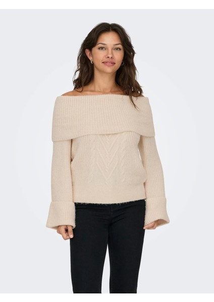 Kadın Düşük Omuz Bej Örme Kazak - 15352271