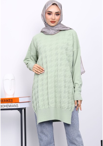 Mint Yeşili Kazayağı Desenli Soğuk İplik Triko Tunik