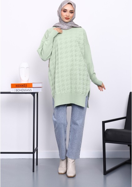 Mint Yeşili Kazayağı Desenli Soğuk İplik Triko Tunik fiyatları