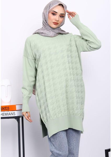 Mint Yeşili Kazayağı Desenli Soğuk İplik Triko Tunik modelleri