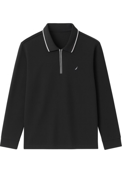 Erkek Siyah Yarım Fermuarlı Modal Kumaş Polo Yaka Sweatshirt