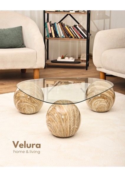 Modern Orta Sehpa & Küre Sehpa & Top Sehpa & Şeffaf Üçgen Cam & Treverten Mermer