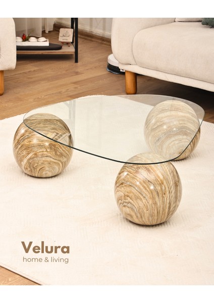 Modern Orta Sehpa & Küre Sehpa & Top Sehpa & Şeffaf Üçgen Cam & Treverten Mermer fiyatları