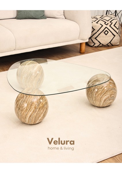 Modern Orta Sehpa & Küre Sehpa & Top Sehpa & Şeffaf Üçgen Cam & Treverten Mermer fırsatları