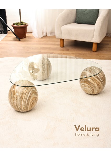 Modern Orta Sehpa & Küre Sehpa & Top Sehpa & Şeffaf Üçgen Cam & Treverten Mermer