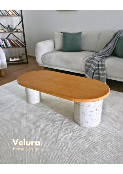 Doğal Meşe Tabla & Taş Dokulu Ayak - Zag Orta Sehpa