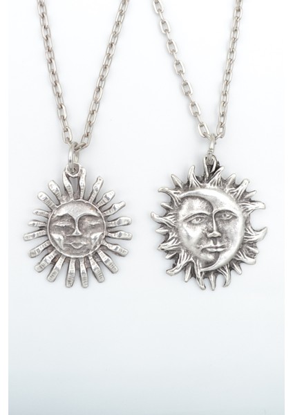 2'li Güneş ve Ay - Gülen Güneş Gümüş Kaplama Kolye Seti
