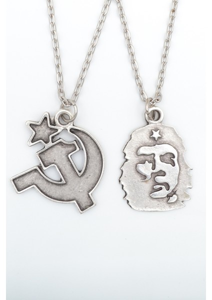 2'li Che Guevare - Orak Çekiç Gümüş Kaplama Kolye Seti