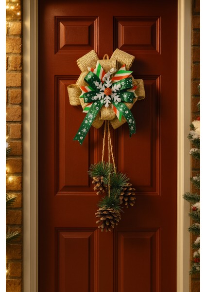 Dekoratif Yılbaşı Kapı Duvar Süsü–sarkıt Model Çam Kozalaklı ve Kurdele Detaylı 40 cm fiyatları