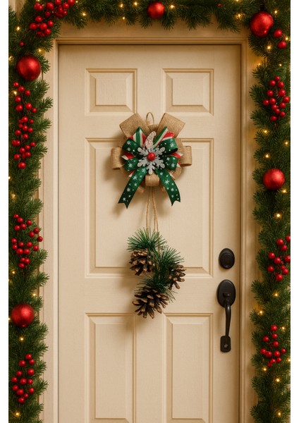 Dekoratif Yılbaşı Kapı Duvar Süsü–sarkıt Model Çam Kozalaklı ve Kurdele Detaylı 40 cm modelleri