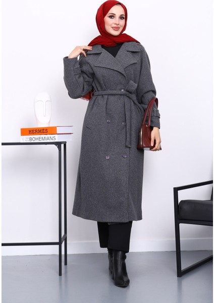 Füme Kruvaze Yaka Kuşaklı Kaşe Kaban