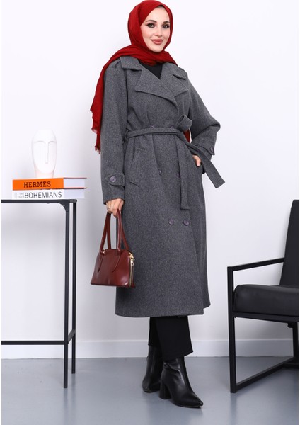 Füme Kruvaze Yaka Kuşaklı Kaşe Kaban fiyatları