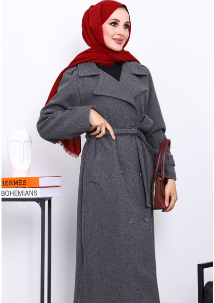 Füme Kruvaze Yaka Kuşaklı Kaşe Kaban modelleri